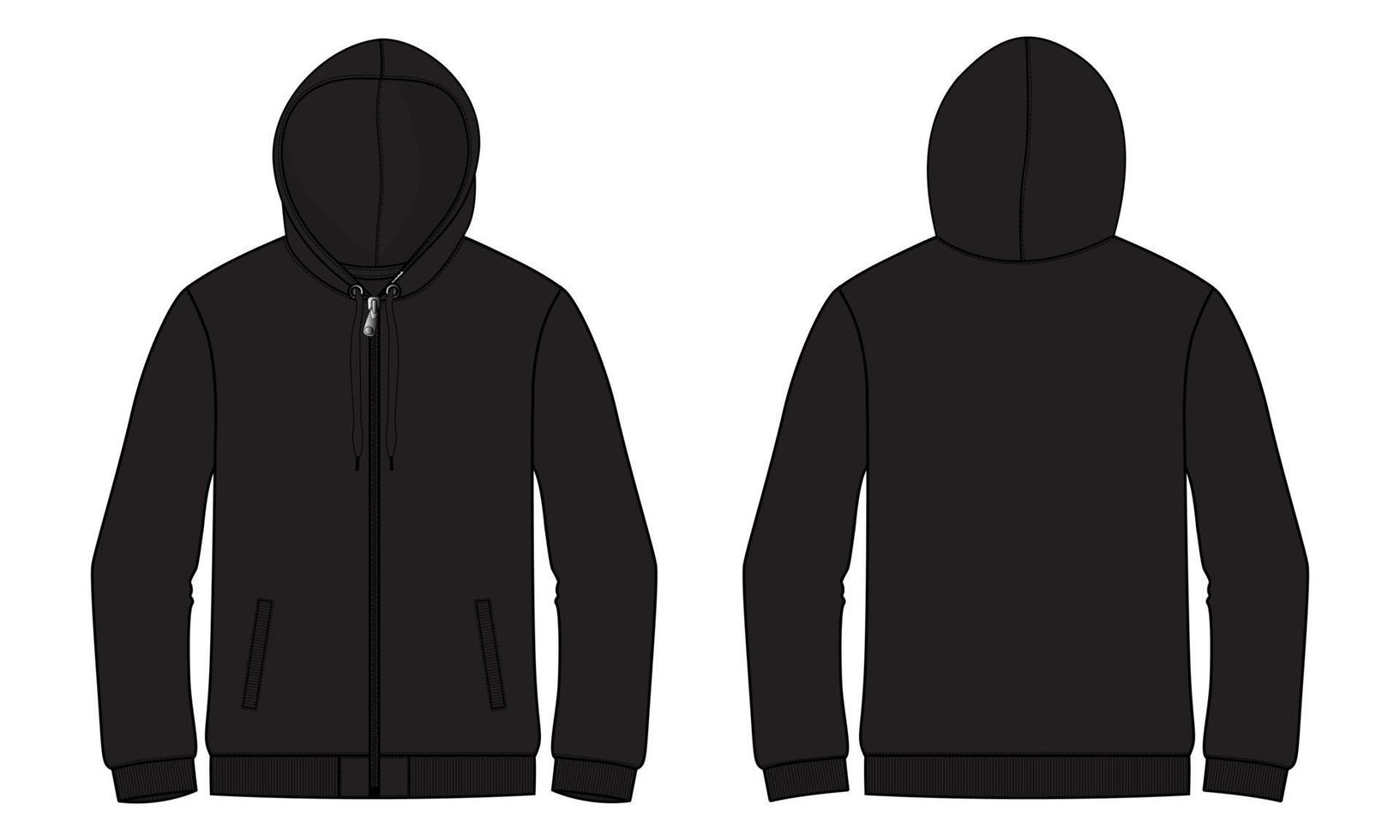 lange mouw hoodie technische mode platte schets vector illustratie sjabloon voor- en achterkant uitzicht.