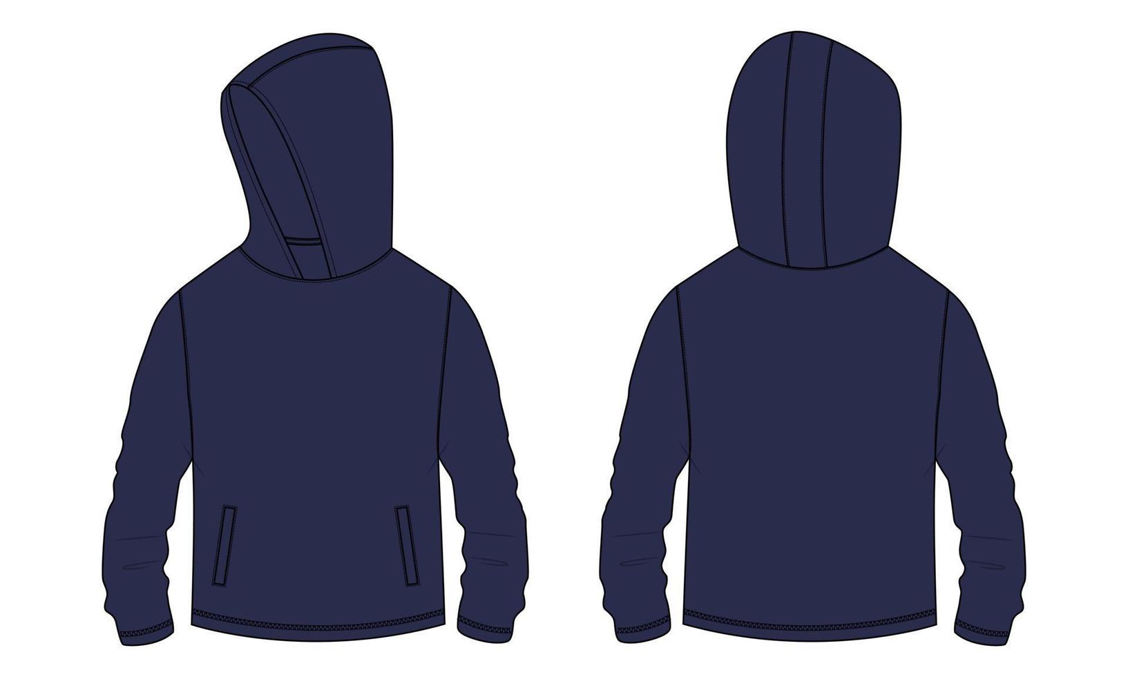 lang mouw capuchon met rits technisch mode tekening schetsen sjabloon voorkant en terug visie. kleding jurk ontwerp vector illustratie bespotten omhoog jasje cad.