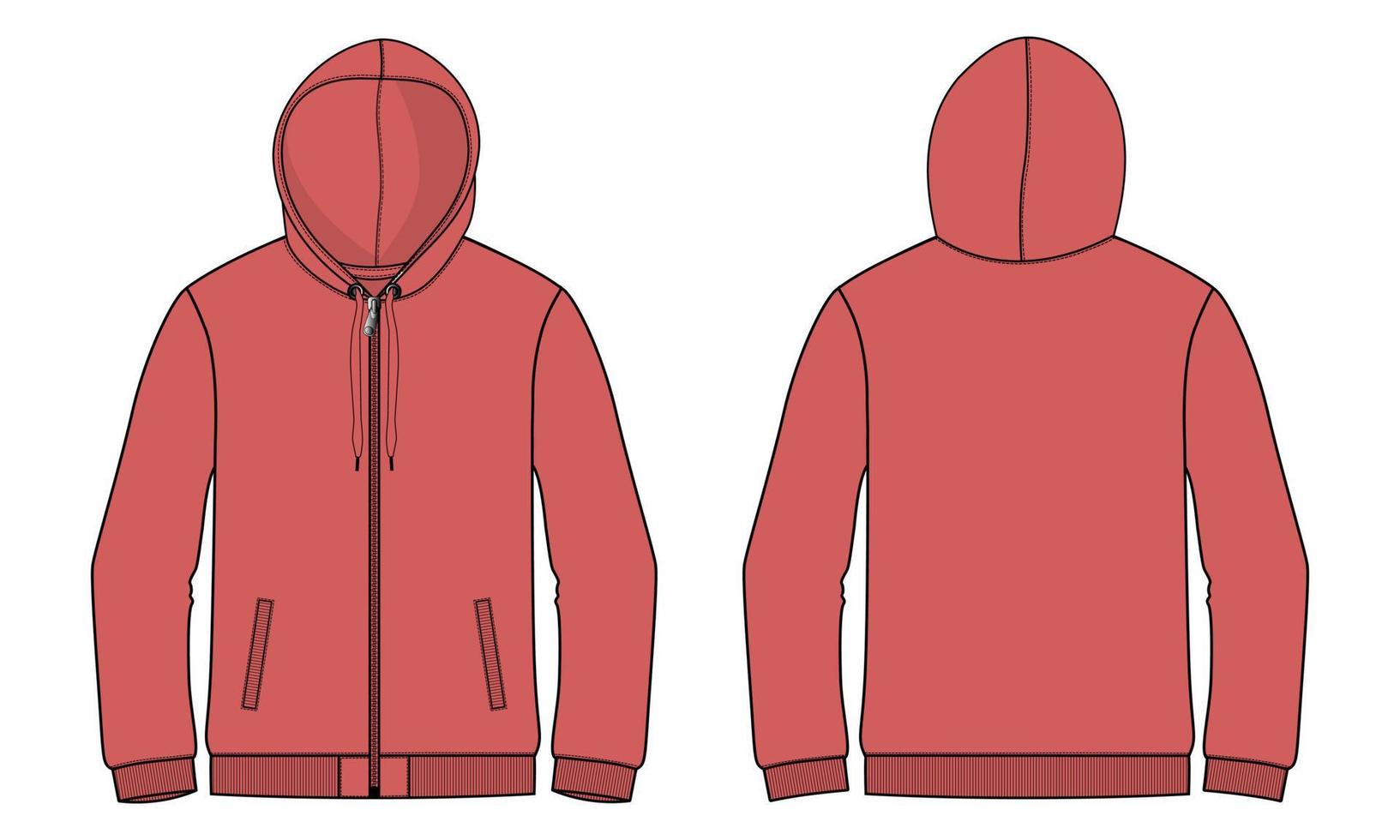 lange mouw hoodie technische mode platte schets vector illustratie sjabloon voor- en achterkant uitzicht.