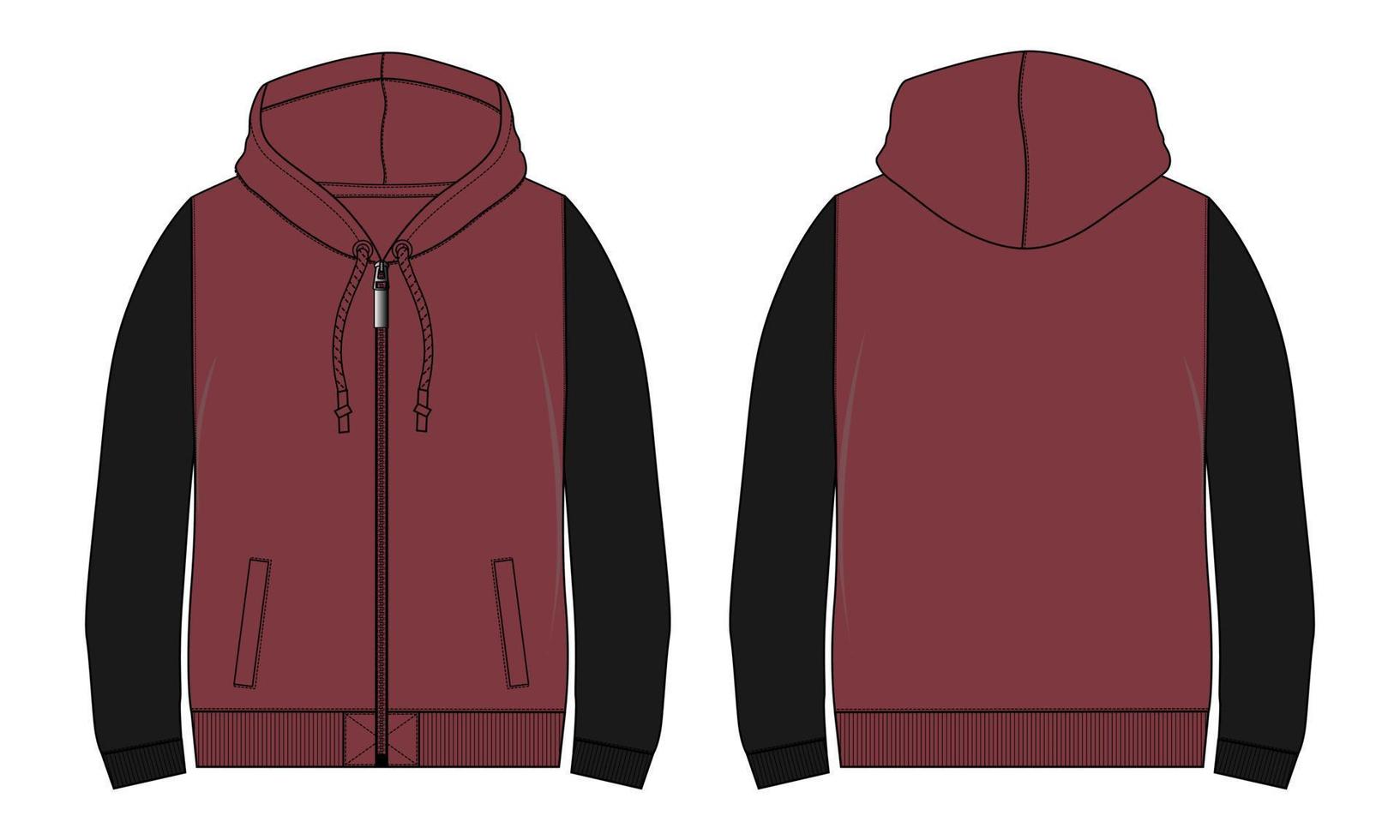 lange mouw hoodie technische mode platte schets vector illustratie sjabloon voor- en achterkant uitzicht.