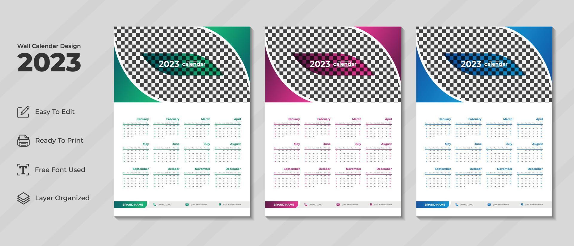 2023 muur kalender ontwerp sjabloon met groente, Purper en blauw kleur. zakelijke en bedrijf ontwerper dagboek. week begint Aan zondag. modern muur kalender ontwerp voor nieuw jaar 2023. vector