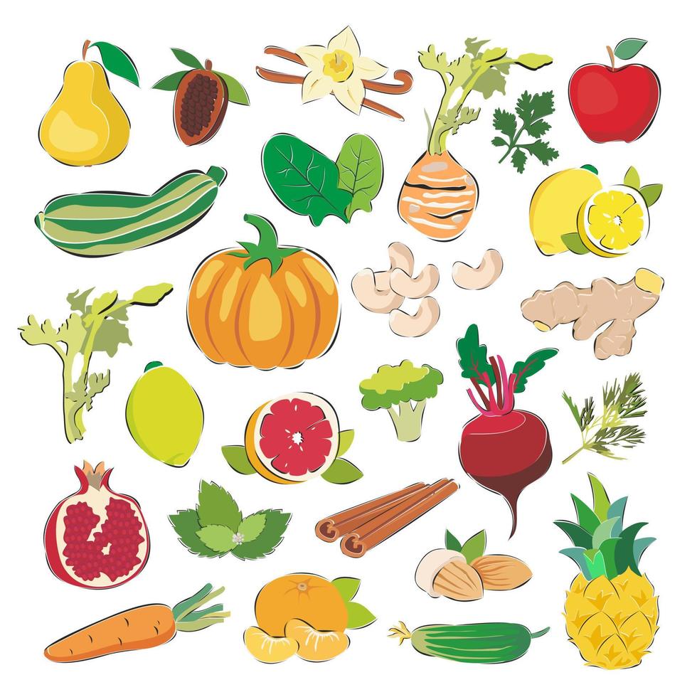 een reeks van producten vegetarisme, gezond aan het eten. fruit, groenten, noten en groenen. tekenfilm vlak vector illustratie geïsoleerd Aan een wit achtergrond.