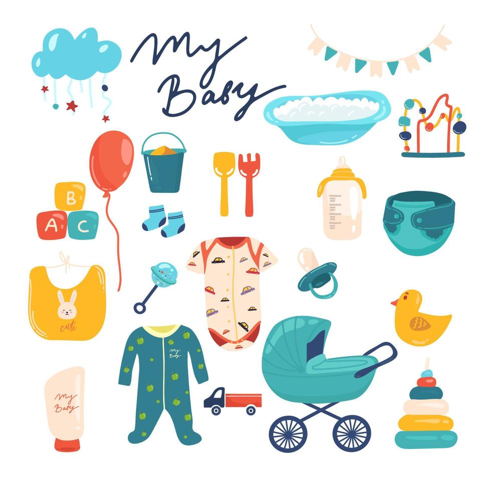 pasgeboren hand- getrokken elementen reeks met baby kleding speelgoed en voorwerpen voor zorg geïsoleerd vector illustratie