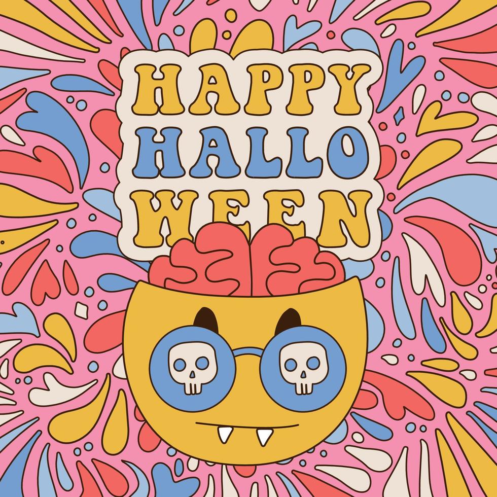 Jaren 60 en jaren 70 retro stijl halloween kaart. hippie regenboog spatten achtergrond met emoji met hersenen plakken uit. klaar groet kaart voor 31e oktober. grafisch sjabloon tee afdrukken. vector illustratie