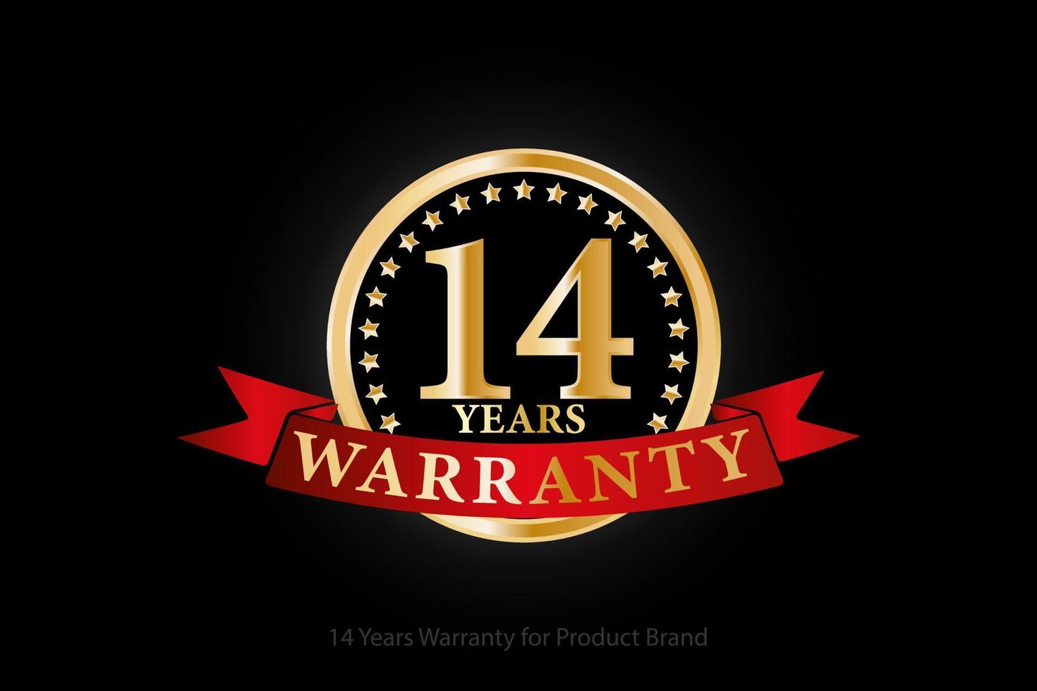 14 jaren gouden garantie logo met ring en rood lint geïsoleerd Aan zwart achtergrond, vector ontwerp voor Product garantie, garantie, onderhoud, zakelijk, en uw bedrijf.