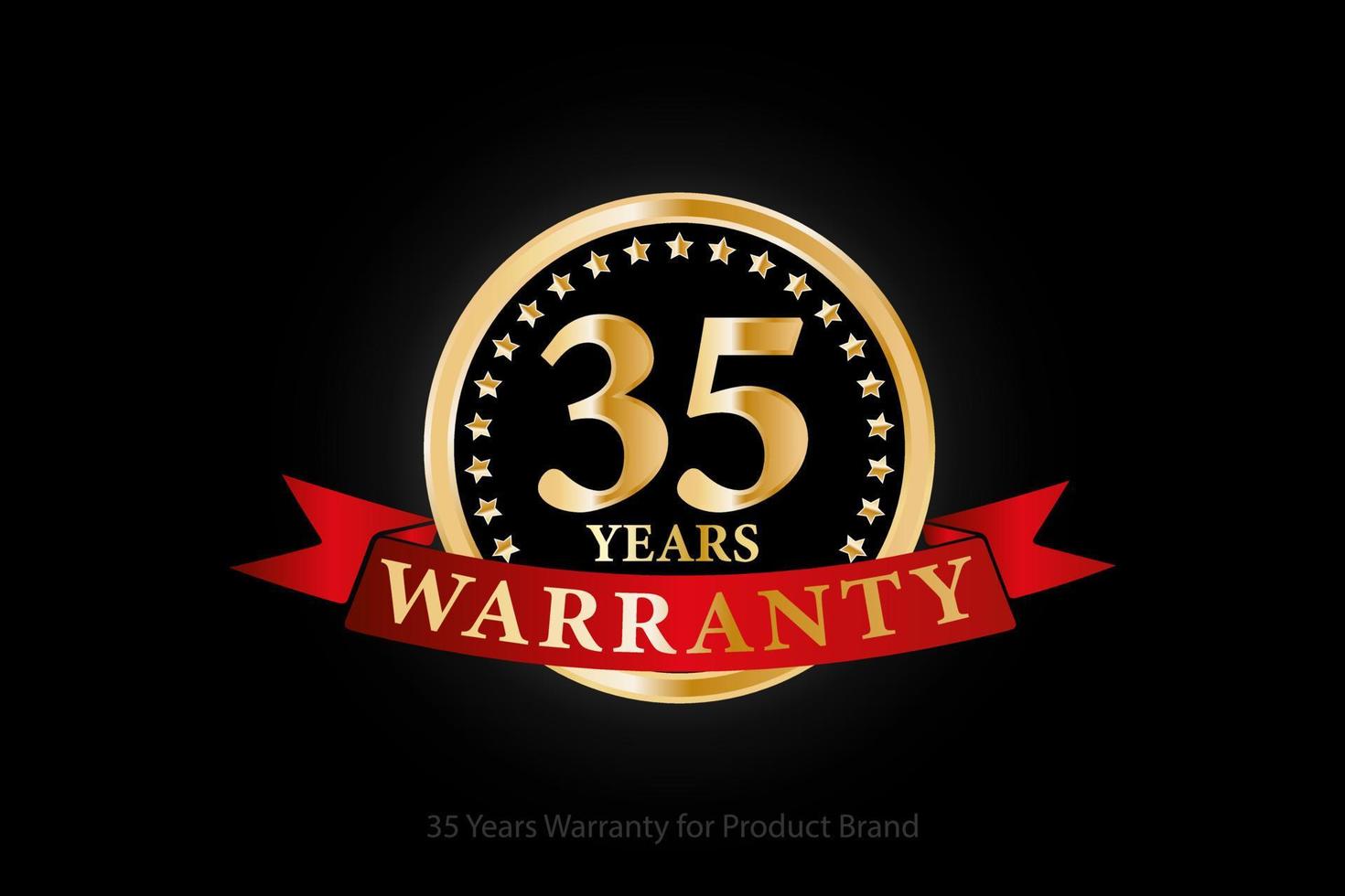 35 jaren gouden garantie logo met ring en rood lint geïsoleerd Aan zwart achtergrond, vector ontwerp voor Product garantie, garantie, onderhoud, zakelijk, en uw bedrijf.