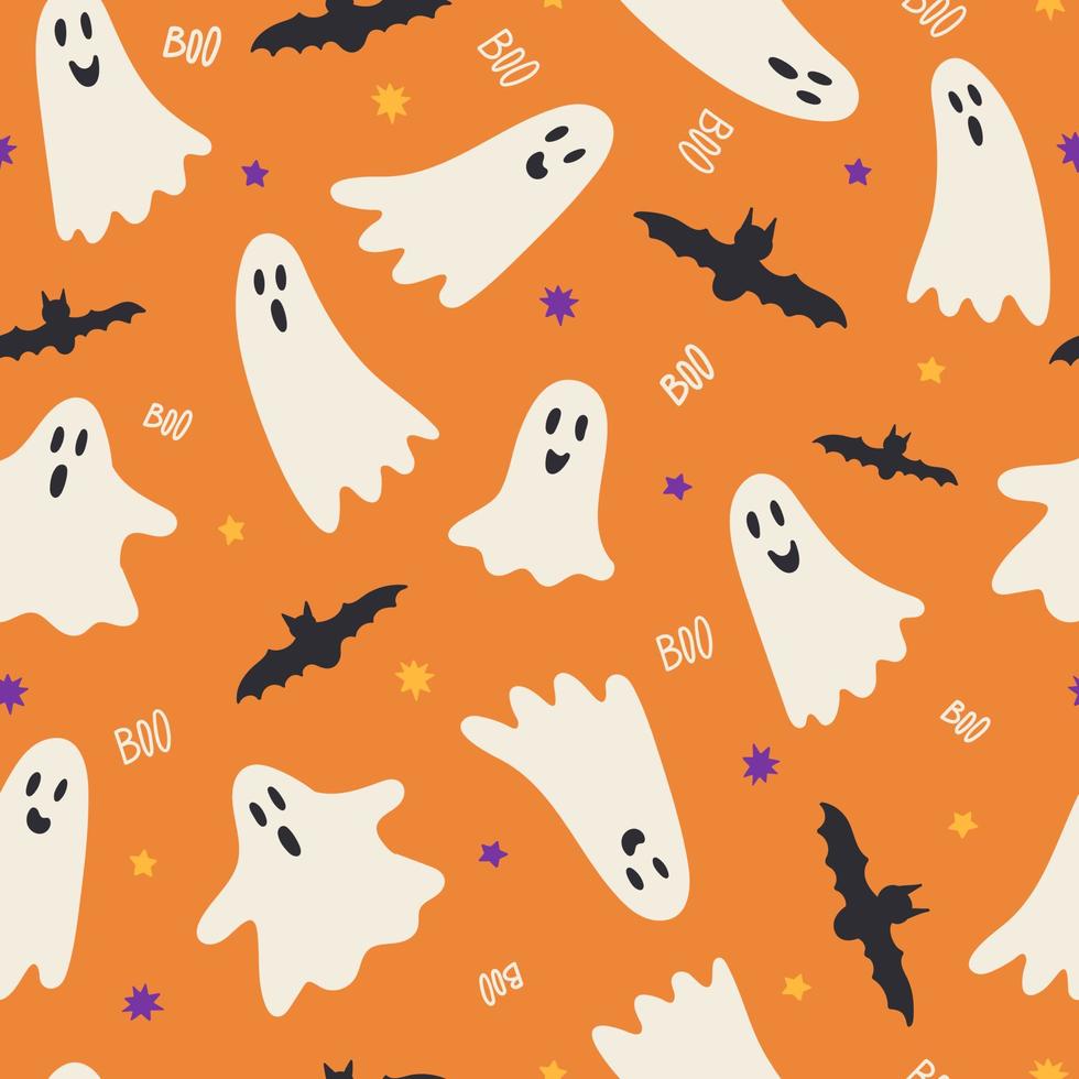 feestelijk schattig naadloos patroon met halloween elementen. geest, knuppel, sterren. oranje achtergrond. vector illustratie