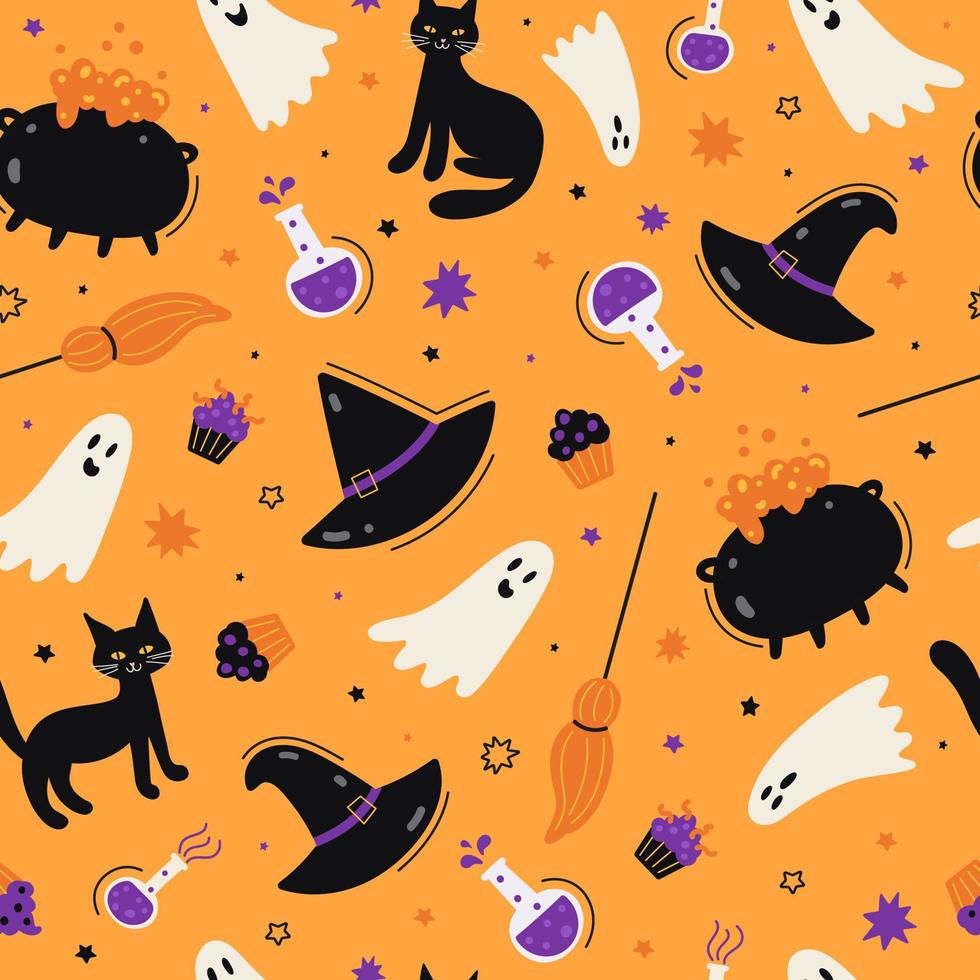 een feestelijk naadloos patroon met halloween elementen. geest, een kat, een heks ketel, een bezem, een hoed, snoepgoed. oranje achtergrond. vector illustratie