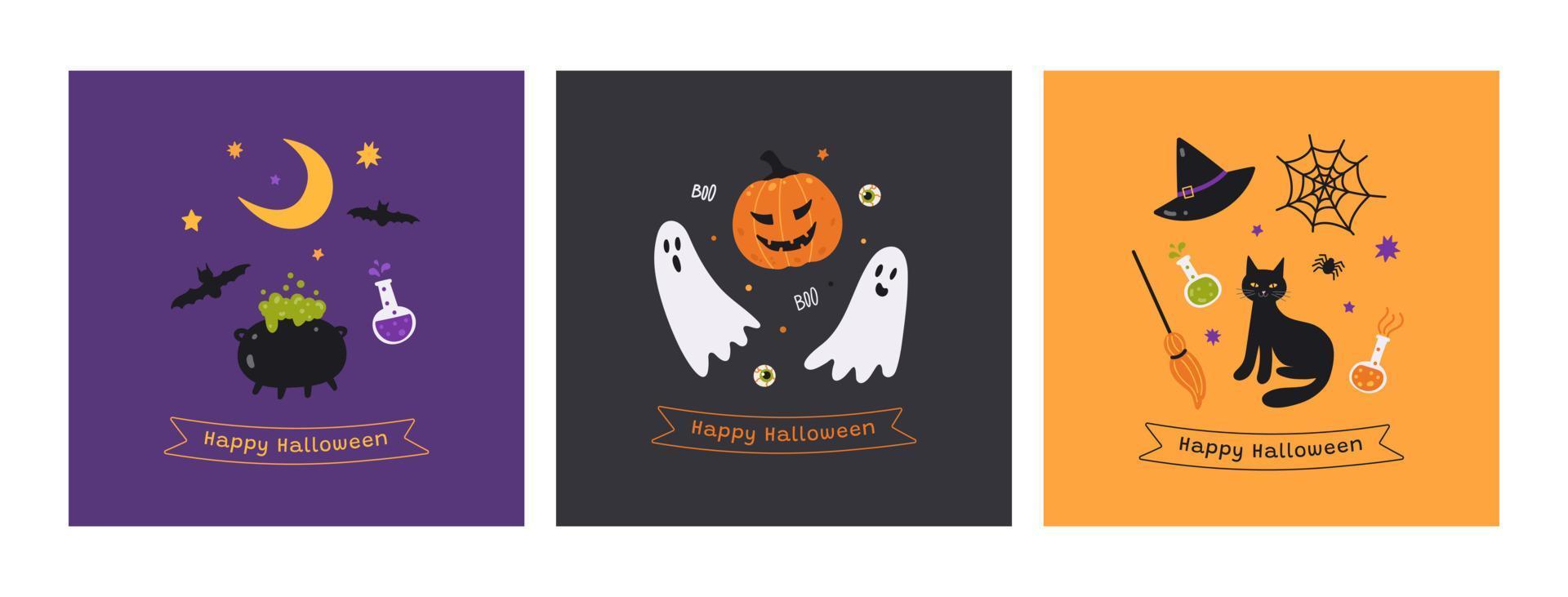 een reeks van groet kaarten, banners voor halloween. traditioneel zwart, oranje, Purper kleuren. modieus minimalistisch stijl. achtergrond met pompoen, geesten, zwart kat, maan, bezem, toverdrank en ketel. vector