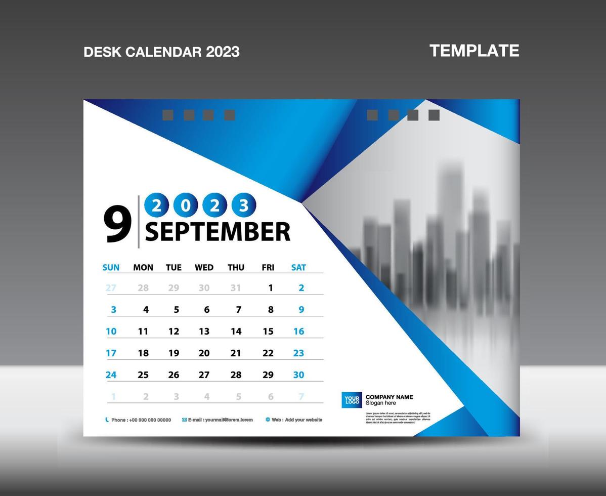 kalender 2023 sjabloon vector- september 2023 jaar, bureau kalender 2023 ontwerp, week begint zondag, planner, schrijfbehoeften ontwerp, folder ontwerp, kalender het drukken ontwerp, blauw veelhoekige achtergrond concept vector