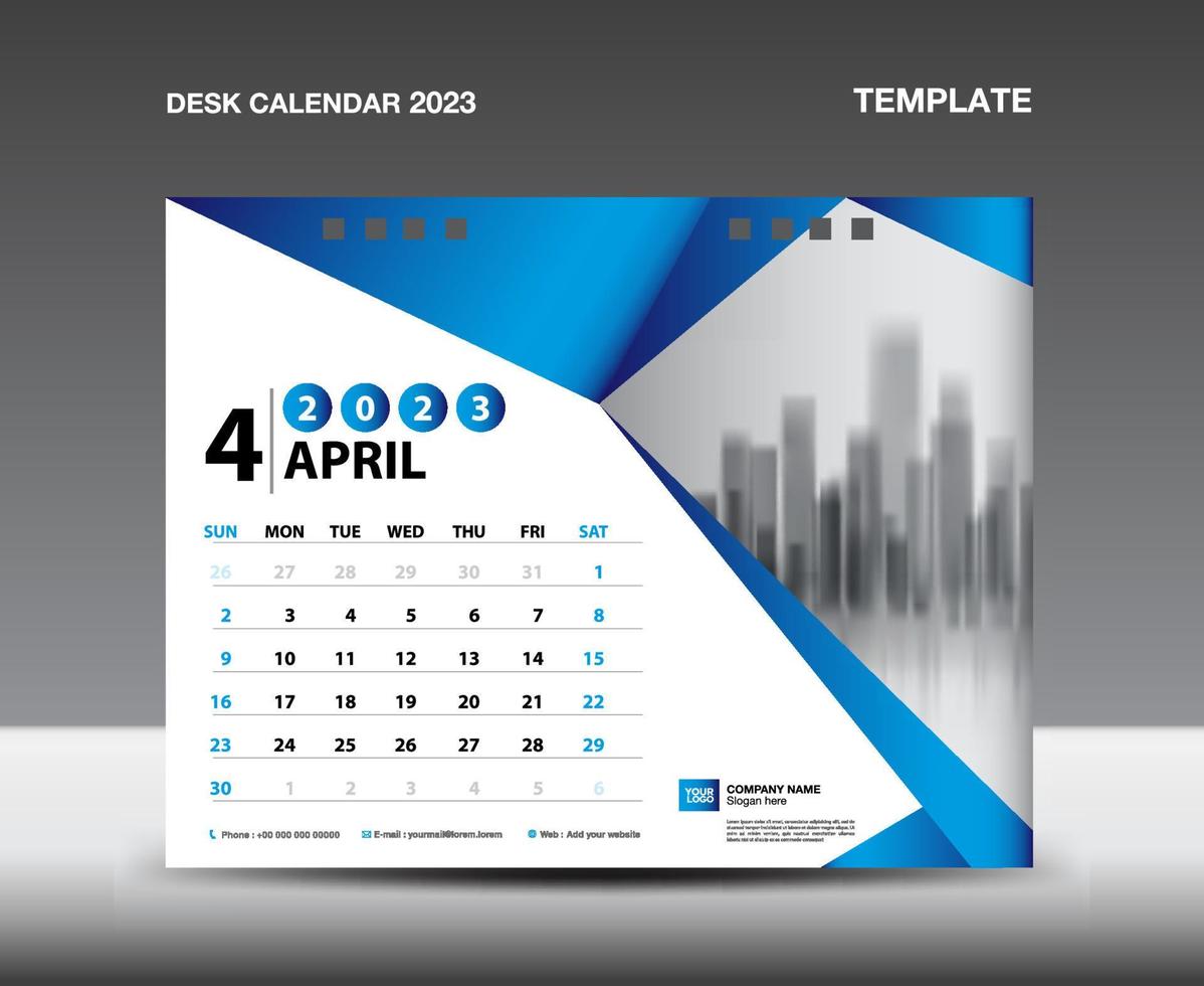 kalender 2023 sjabloon vector- april 2023 jaar, bureau kalender 2023 ontwerp, week begint zondag, planner, schrijfbehoeften ontwerp, folder ontwerp, kalender het drukken ontwerp, blauw veelhoekige achtergrond concept vector
