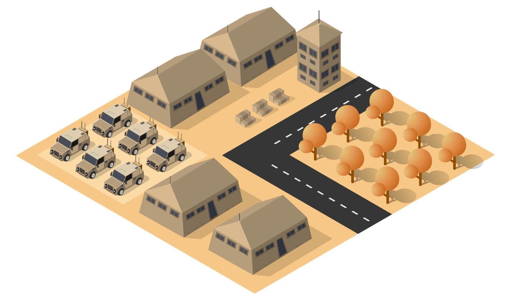 module baseren kamp voorwerp element voor gebouw ontwerp leger gewapend troep isometrische gewapend leger vervoer voorwerpen. oorlog uitrusting dwingen grafisch elementen tank machine 3d illustratie vector