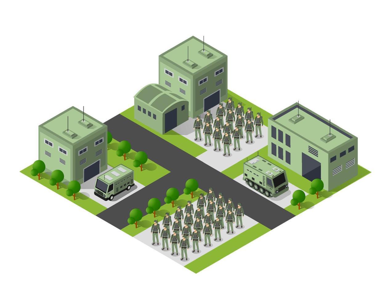 module baseren kamp voorwerp element voor gebouw ontwerp leger gewapend troep isometrische gewapend leger vervoer voorwerpen. oorlog uitrusting dwingen grafisch elementen tank machine 3d illustratie vector