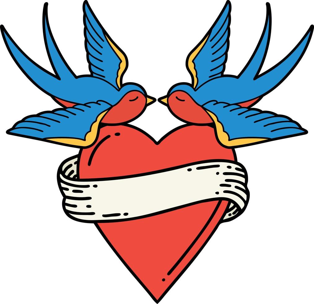traditioneel tatoeëren van een zwaluwen en een hart met banier vector