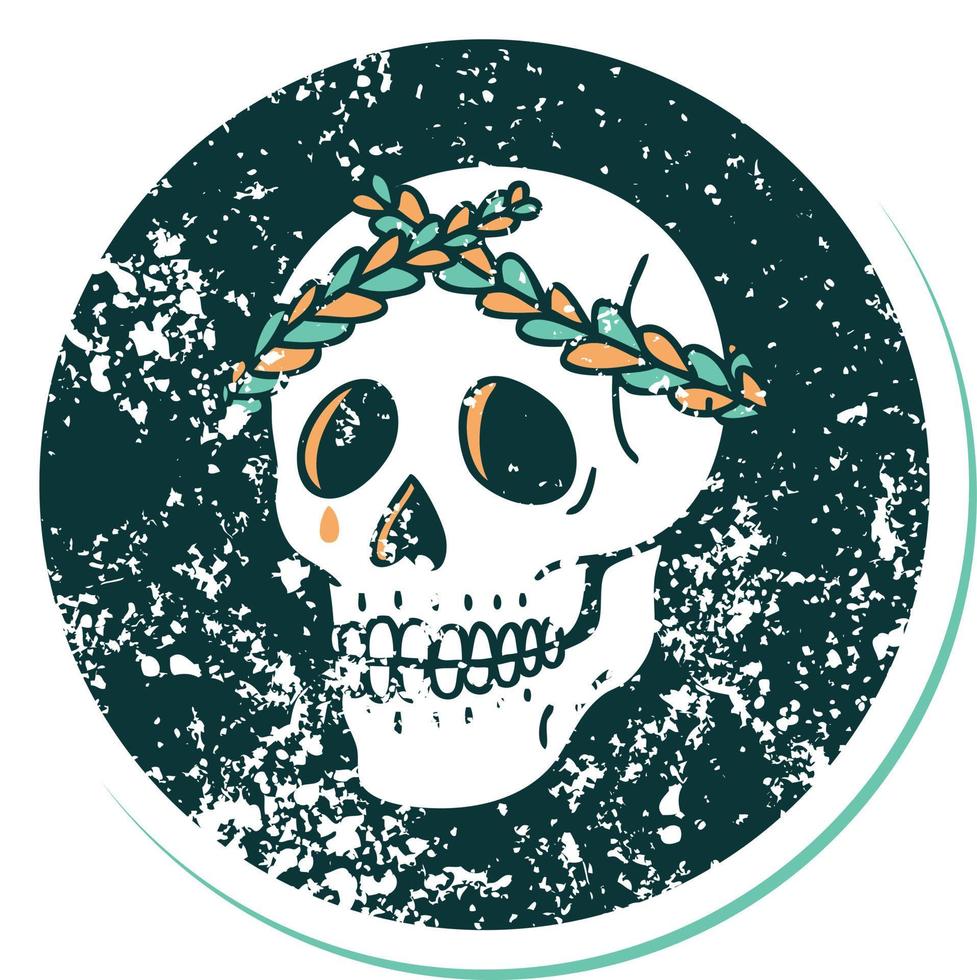 iconisch verontrust sticker tatoeëren stijl beeld van een schedel met laurier krans kroon vector