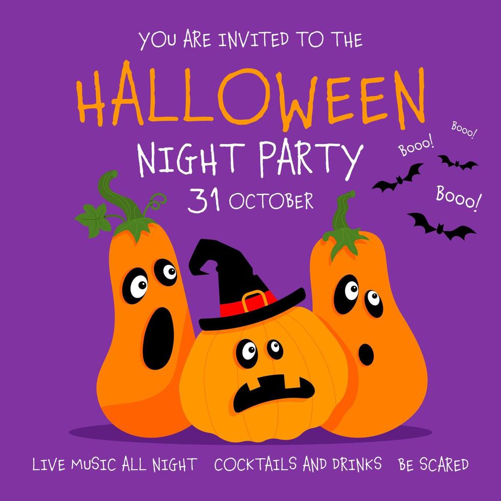 halloween nacht partij poster, banier, uitnodiging of groet kaart sjabloon ontwerp met eng geconfronteerd pompoenen en vliegend vleermuizen Aan blauw achtergrond. halloween oktober 31 viering vector illustratie.