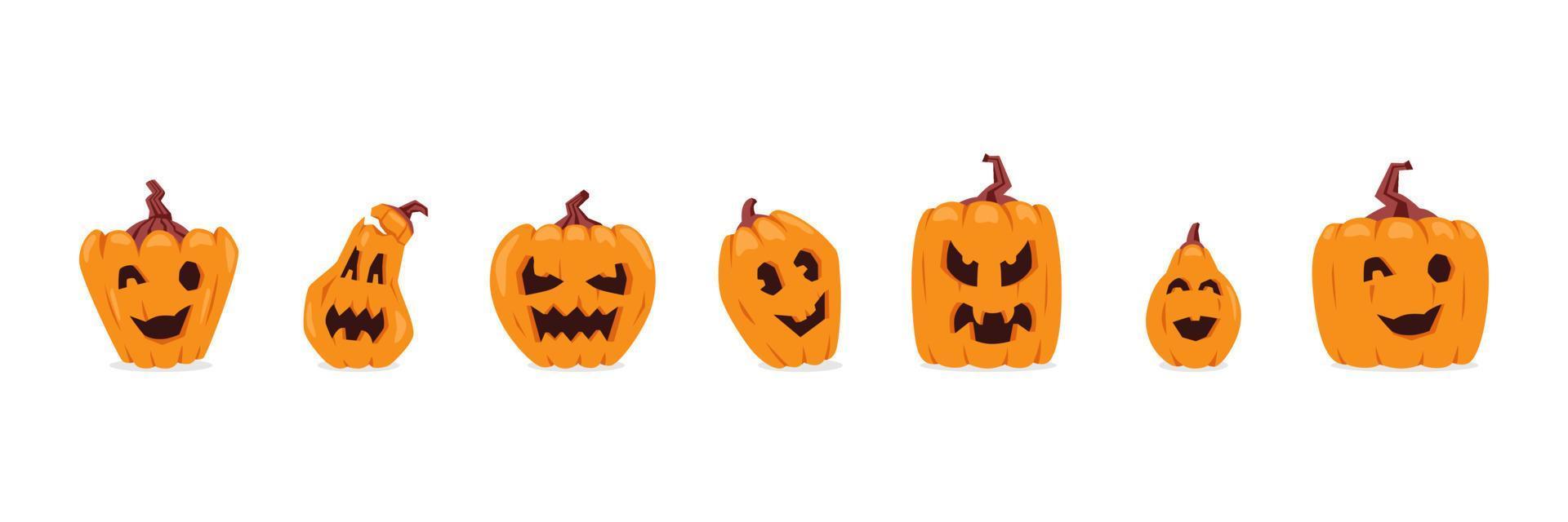 verschillend halloween pompoenen met verschillend emoties illustraties vector reeks geïsoleerd Aan wit.