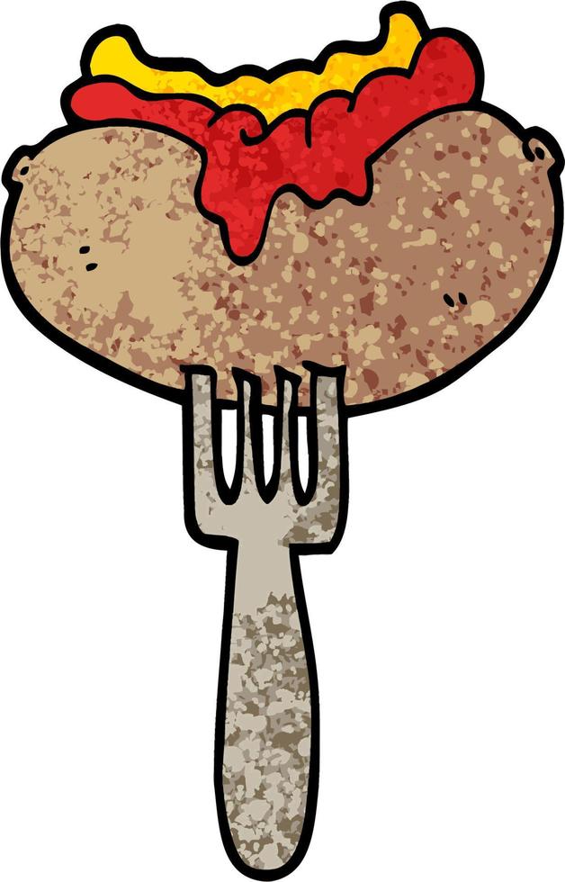 grunge getextureerde illustratie tekenfilm hotdog met mosterd en ketchup Aan vork vector