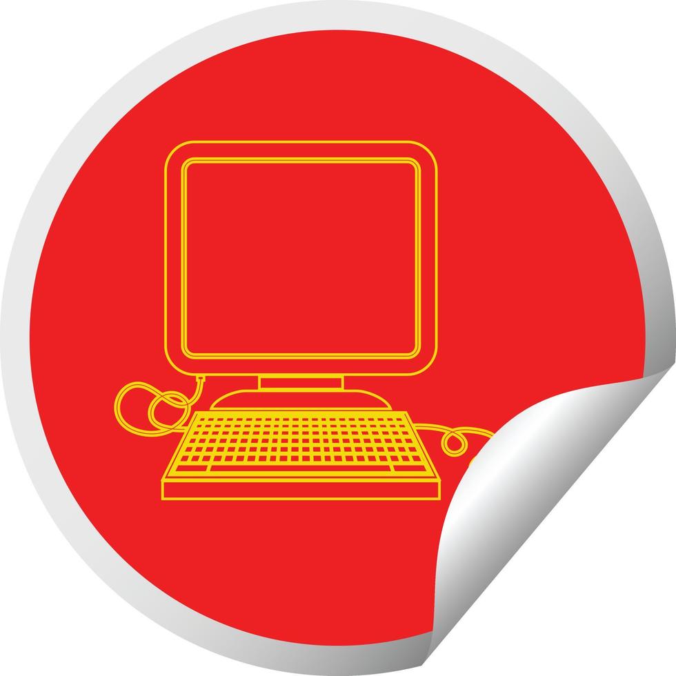 computer met muis en scherm circulaire pellen sticker vector