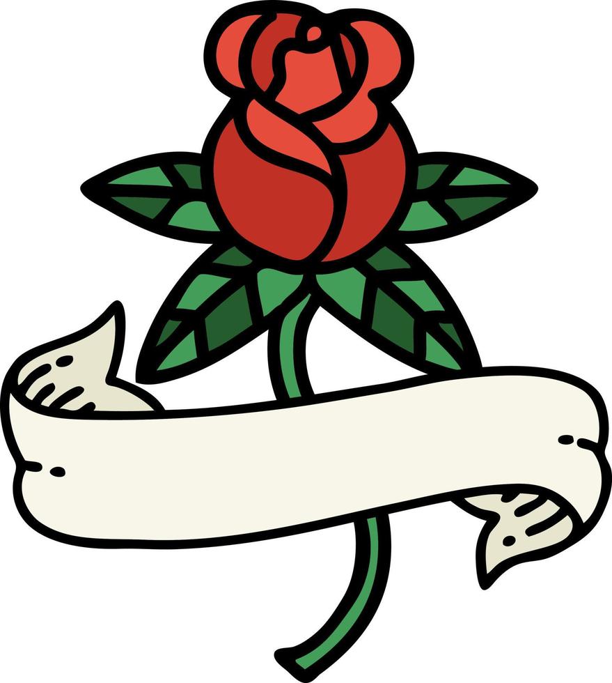 traditioneel tatoeëren van een roos en banier vector