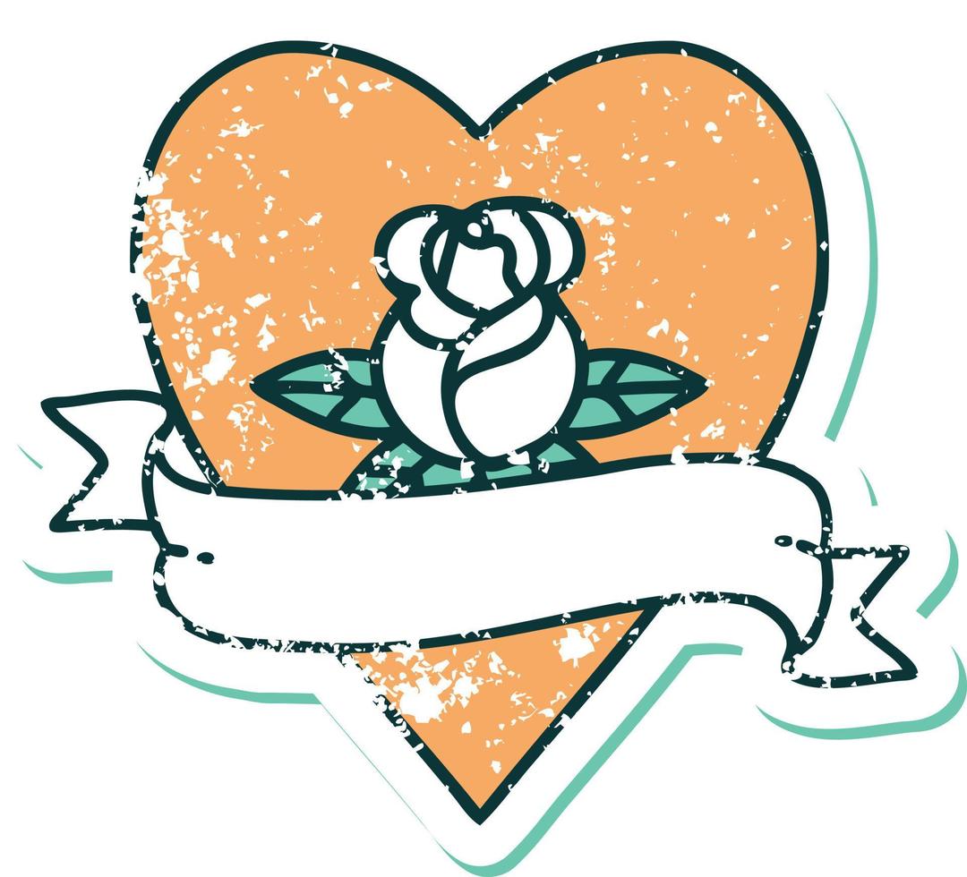 verontrust sticker tatoeëren stijl icoon van een hart roos en banier vector