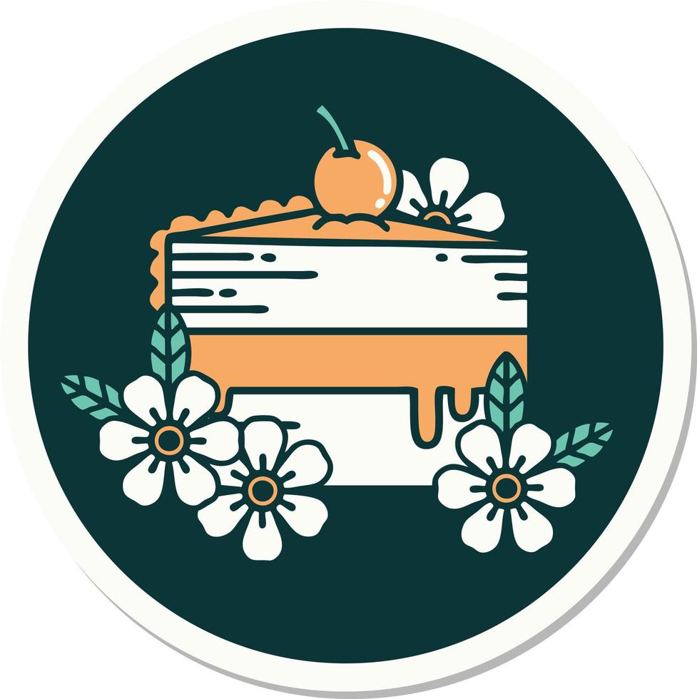 sticker van tatoeëren in traditioneel stijl van een plak van taart en bloemen vector
