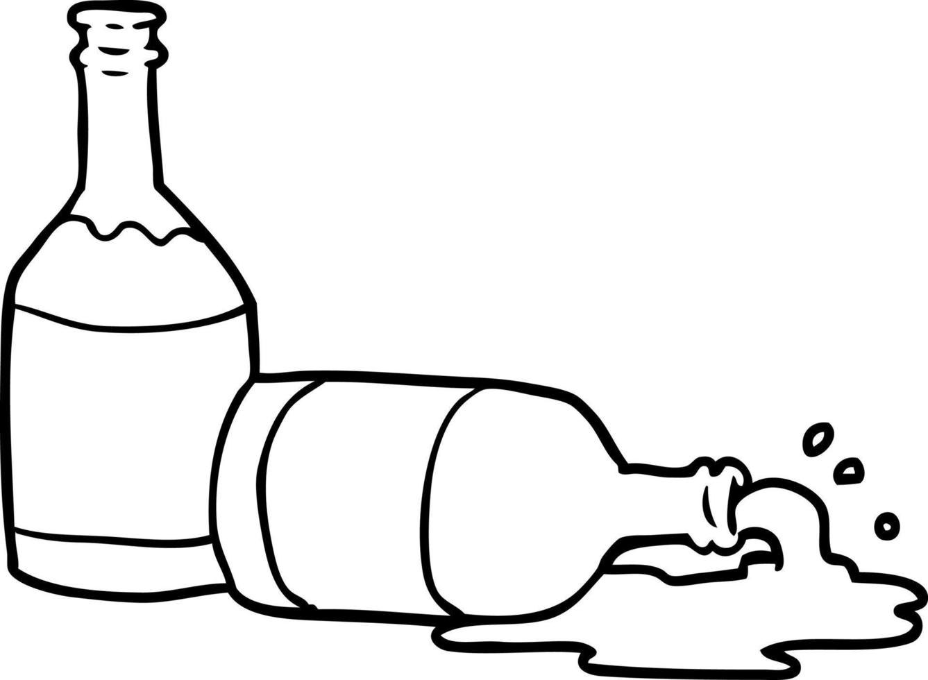 lijn tekening van een bier flessen met gemorst bier vector