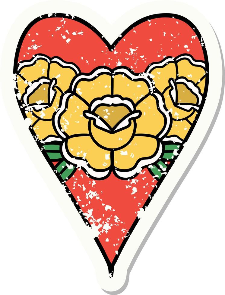 verontrust sticker tatoeëren in traditioneel stijl van een hart en bloemen vector