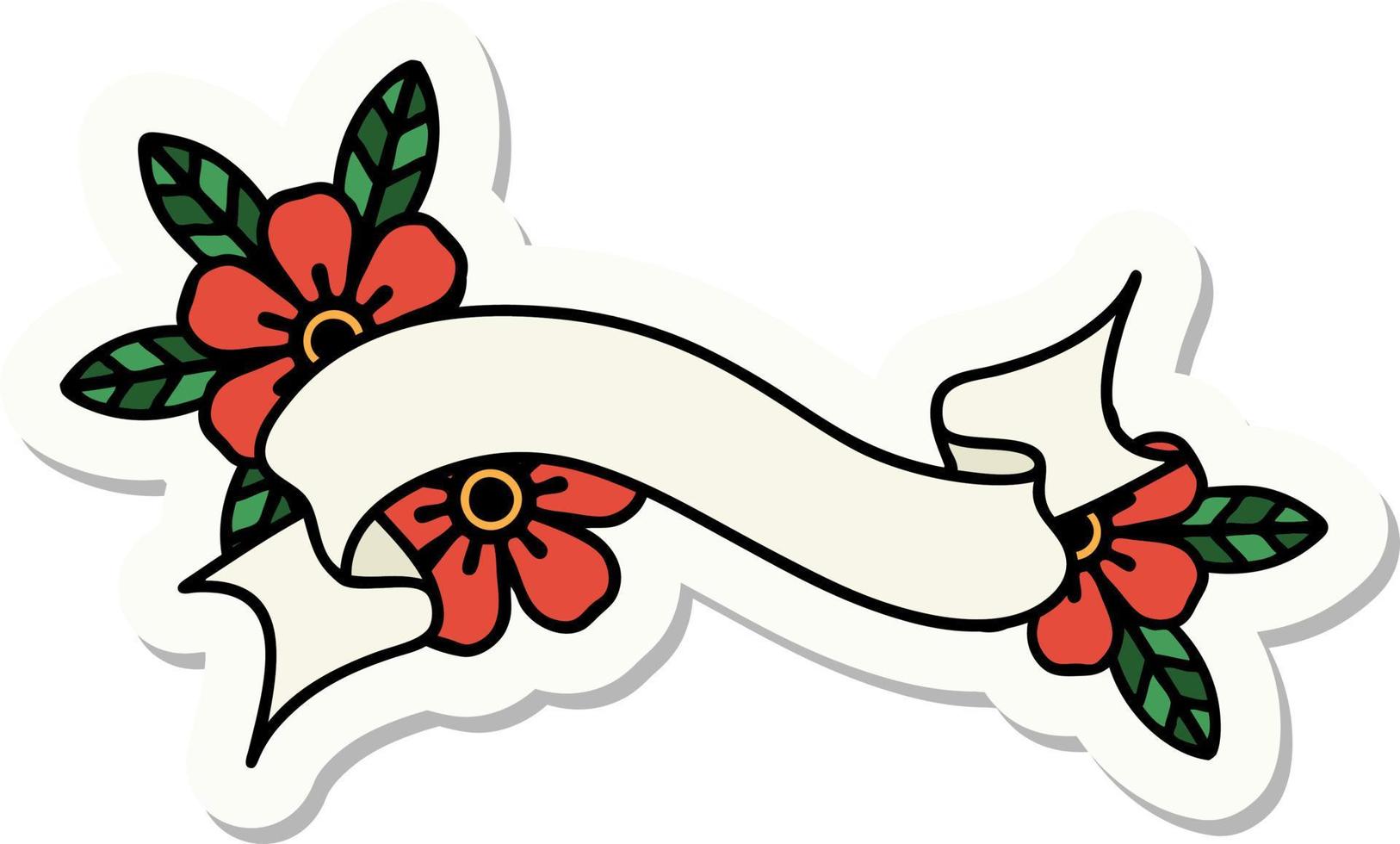 sticker van tatoeëren in traditioneel stijl van een banier en bloemen vector