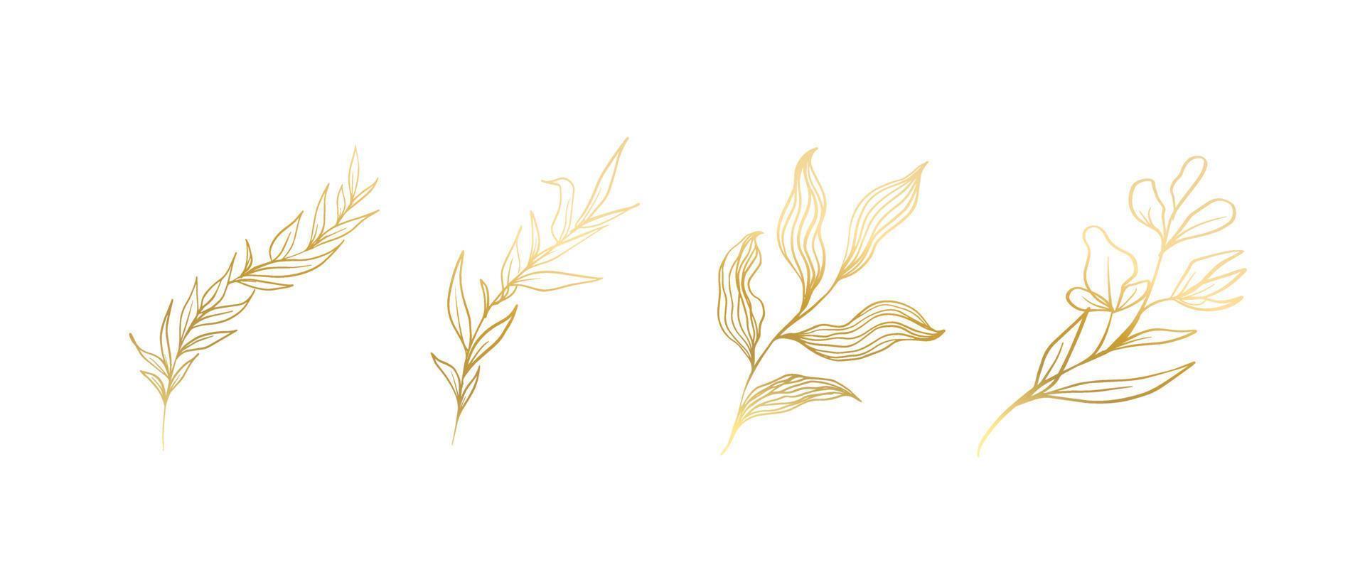 gouden bladeren lijn kunst. luxe bloemen en bladeren decoratie elementen voor uitnodiging en folder ontwerp. natuur tropisch kunst vector illustratie