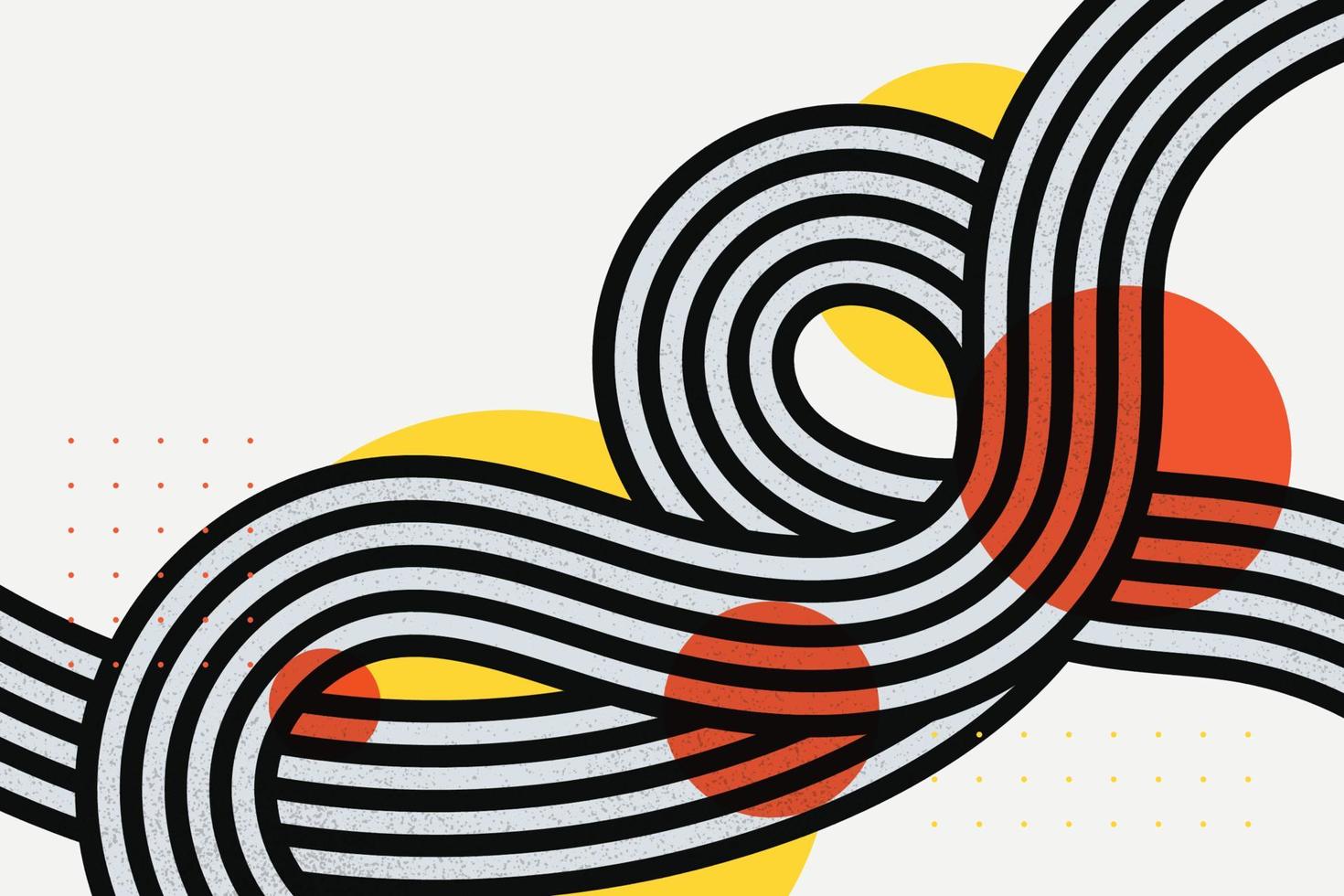 bicolor gestreept gedraaid lijnen met levendig cirkel decoratief achtergrond. zwart en wit gebogen vormen met oranje en geel cirkels vector illustratie