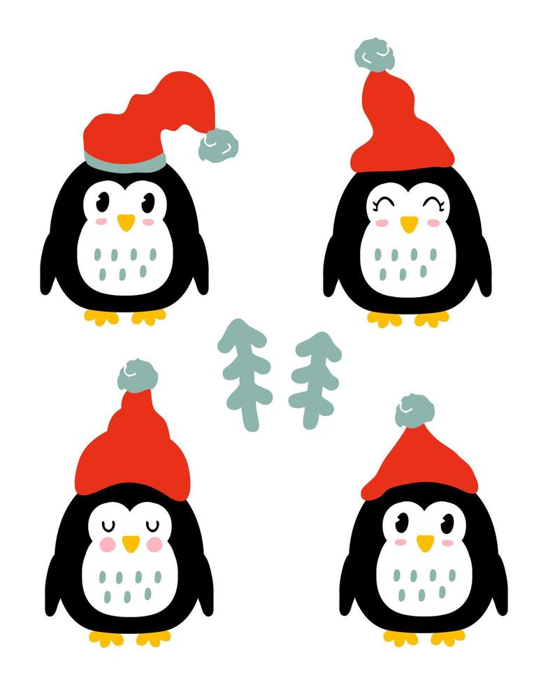 winter pinguïns in hoeden met Kerstmis bomen verzameling. vector