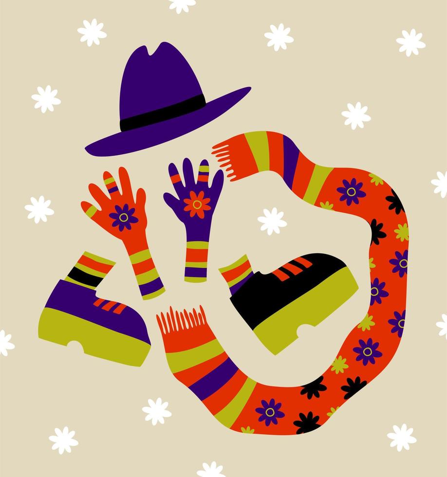 winter accessoires. fedora hoed, gestreept gebreid Glovwes en sjaal, laarzen. vector illustratie.