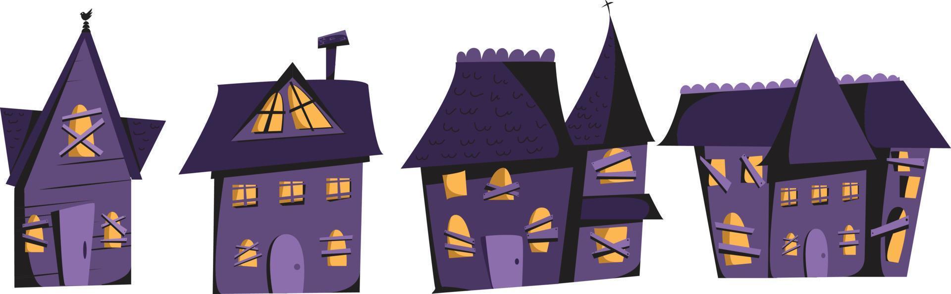 hand- getrokken vector vlak tekenfilm halloween achtervolgd huizen illustratie.
