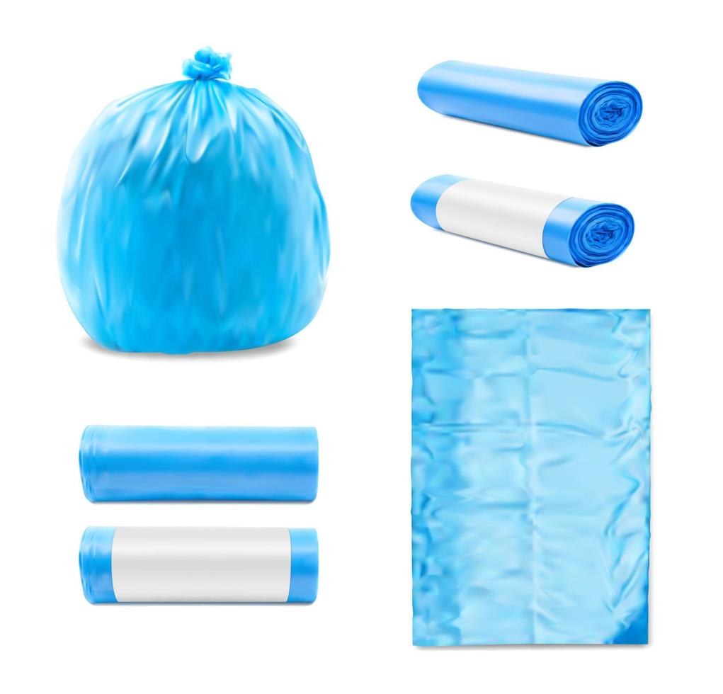 blauw plastic vuilnis Tassen, realistisch zakken mockup vector