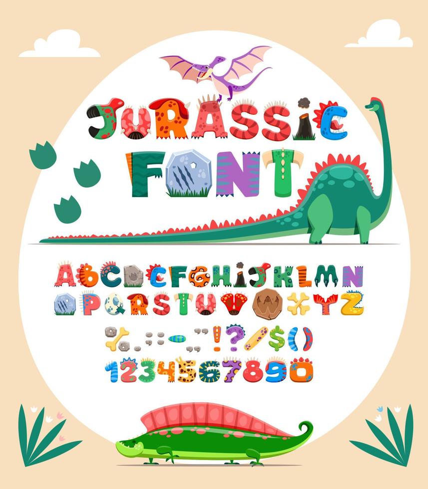 dinosaurus Jura lettertype, tekenfilm dino alfabet type vector