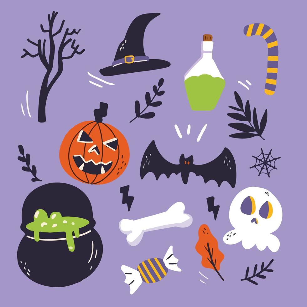 halloween tekenfilm illustratie sticker pak spookachtig vlak ontwerp truc of behandelt evenement vector