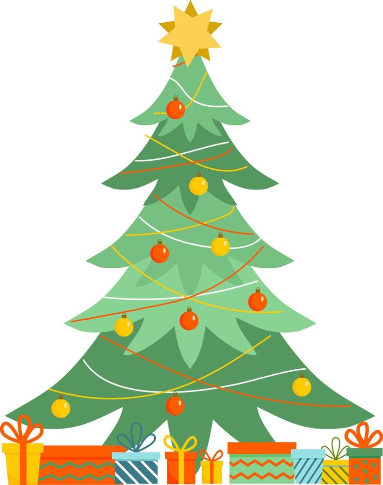 Kerstmis boom decorateur met kleurrijk Kerstmis ballen en strepen met presenteert. kerstmis, nieuw jaar decoratie. vector illustratie geïsoleerd Aan wit achtergrond.