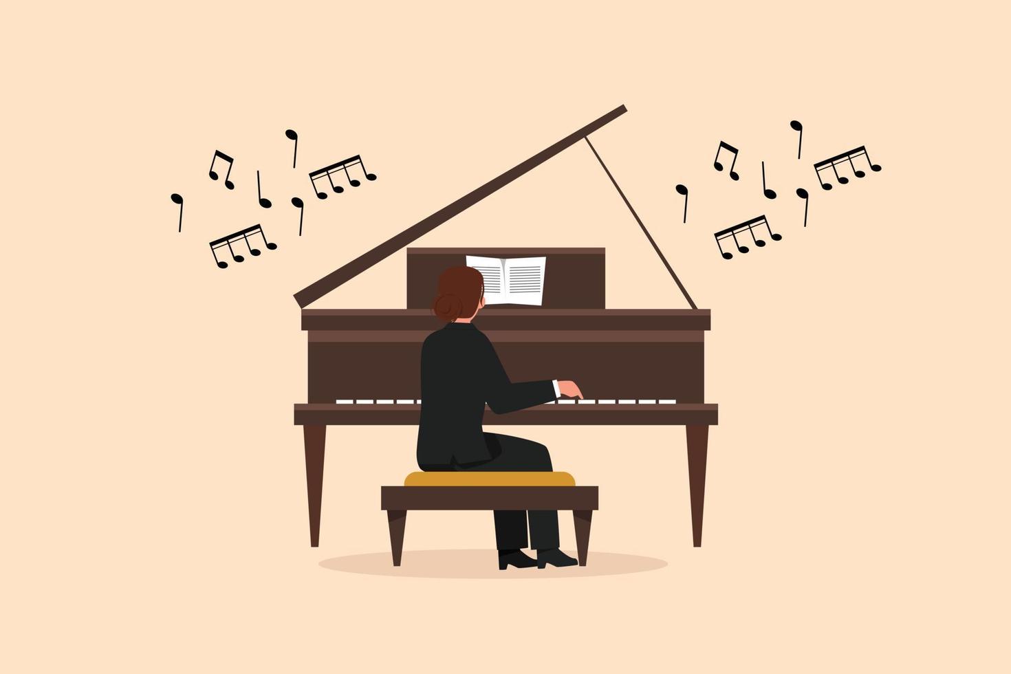 bedrijf ontwerp tekening vrouw Toneelstukken piano. vrouw performer zit Bij musical instrument en Toneelstukken jazz- of blues. professioneel musicus. persoon presteert Aan fase. vlak tekenfilm stijl vector illustratie