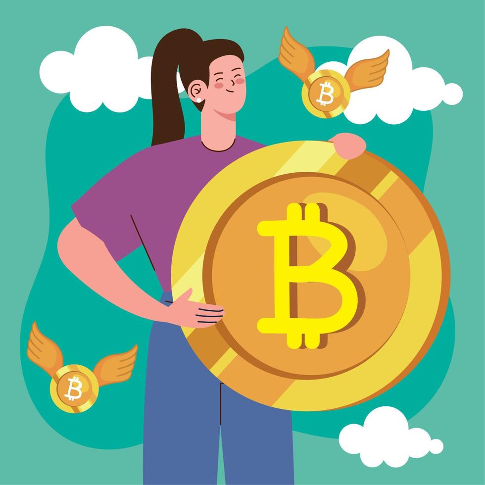 vrouw met bitcoins vliegend vector