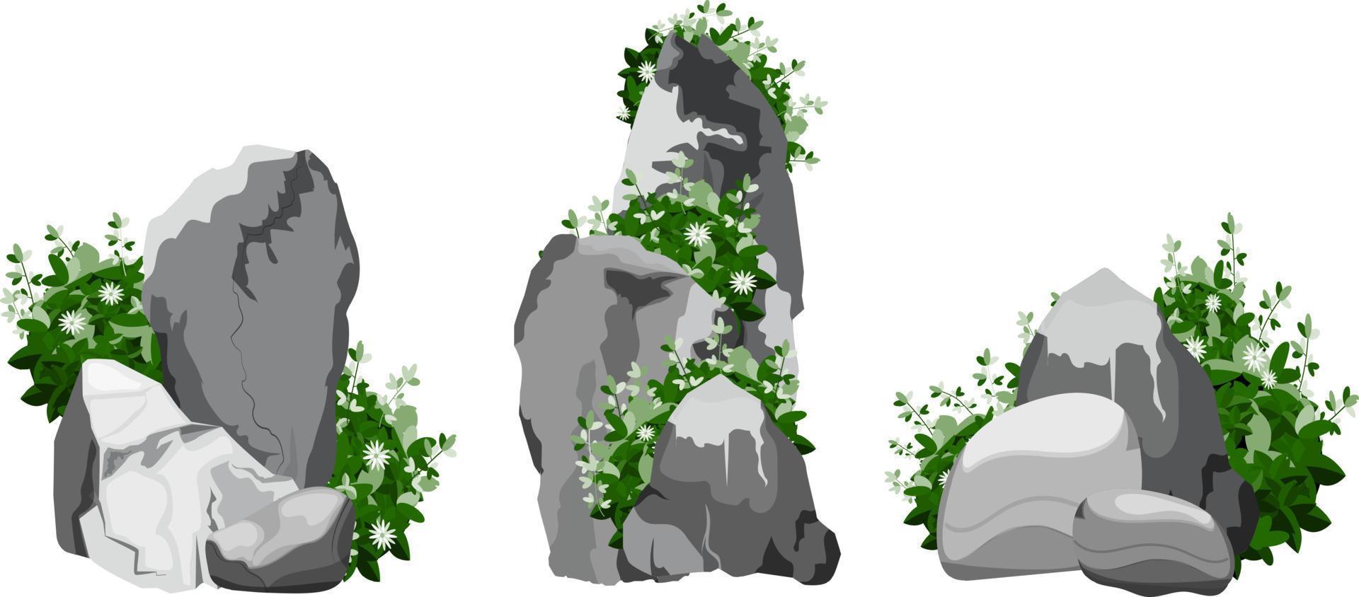 verzameling van stenen en planten van divers vormen.kust kiezels, kasseien, grind, mineralen en geologisch formaties.rock fragmenten, keien en gebouw materiaal. vector