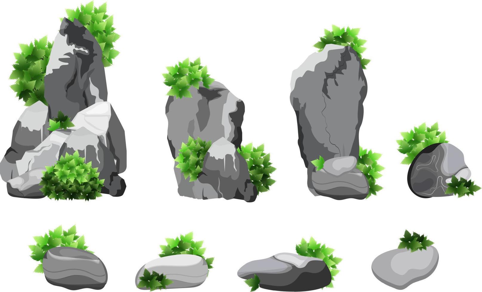 verzameling van stenen en planten van divers vormen.kust kiezels, kasseien, grind, mineralen en geologisch formaties.rock fragmenten, keien en gebouw materiaal. vector