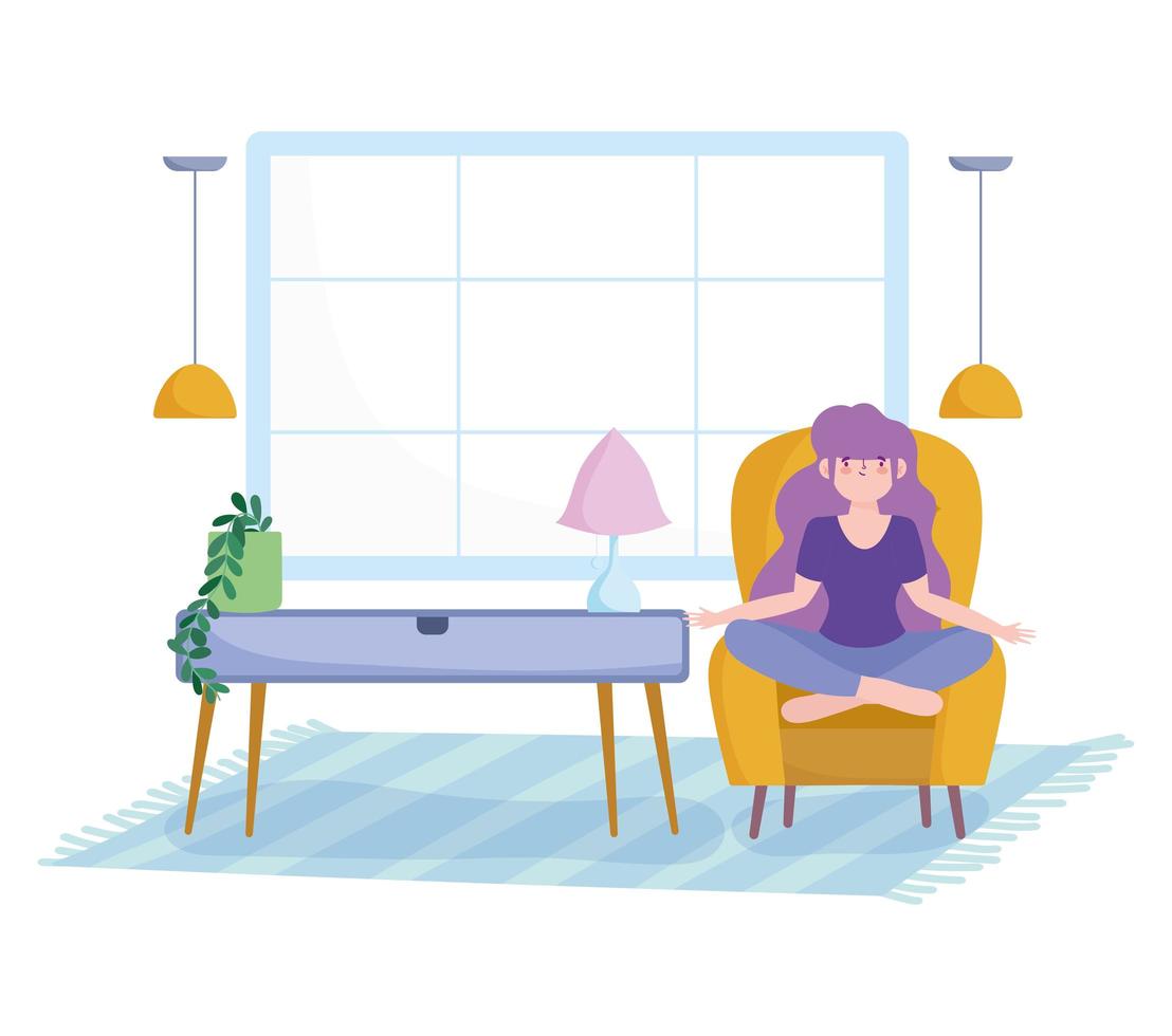 jonge vrouw in de woonkamer mediteren op een stoel vector