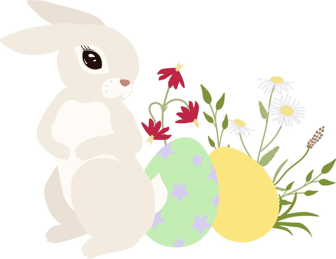 Pasen clip art, vector tekening. Pasen schattig konijnen, mand, Pasen eieren, bloemen en kruiden