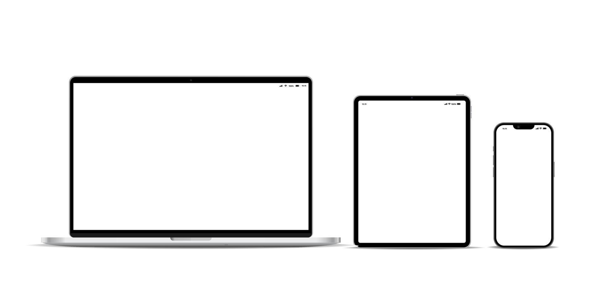 reeks van virtueel realiteit apparaten mockup van laptops, tabletten, en smartphones met de wit Scherm scherm. vector illustratie.