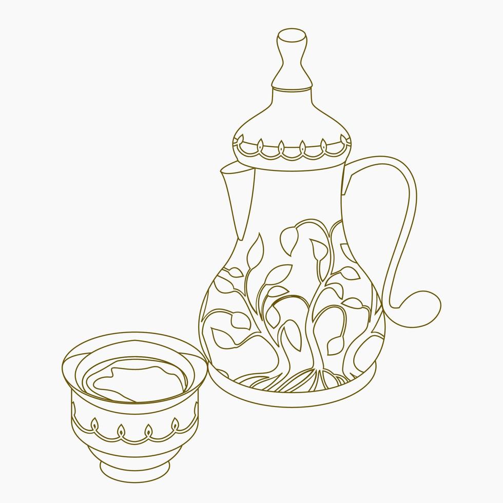 bewerkbare geïsoleerd schets stijl Arabisch koffie in gevormde bolvormig bodem dallah pot en finjan kop vector illustratie voor cafe met midden- oostelijk cultuur traditie en Islamitisch momenten ontwerp