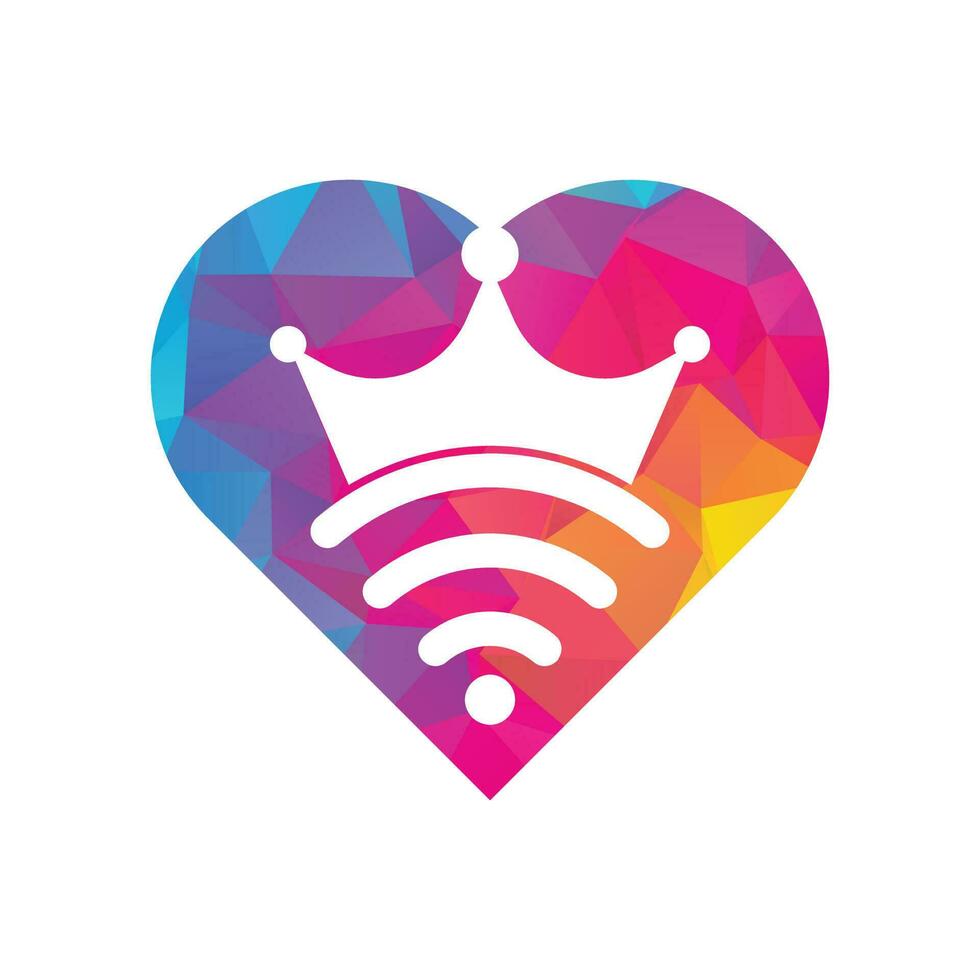 koning Wifi hart vorm concept logo sjabloon vector. kroon en Wifi vector logo sjabloon.