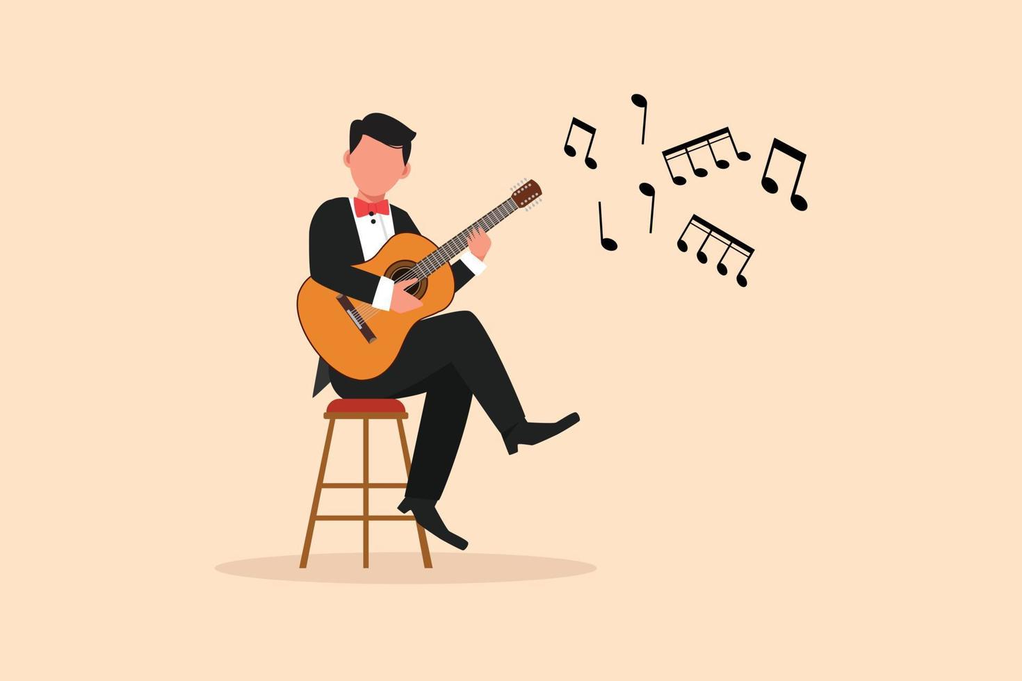 bedrijf vlak tekening jong Mens karakter spelen akoestisch gitaar. tiener- jongen musicus spelen strings Bij musical prestatie. professioneel musicus. tekenfilm stijl grafisch ontwerp vector illustratie