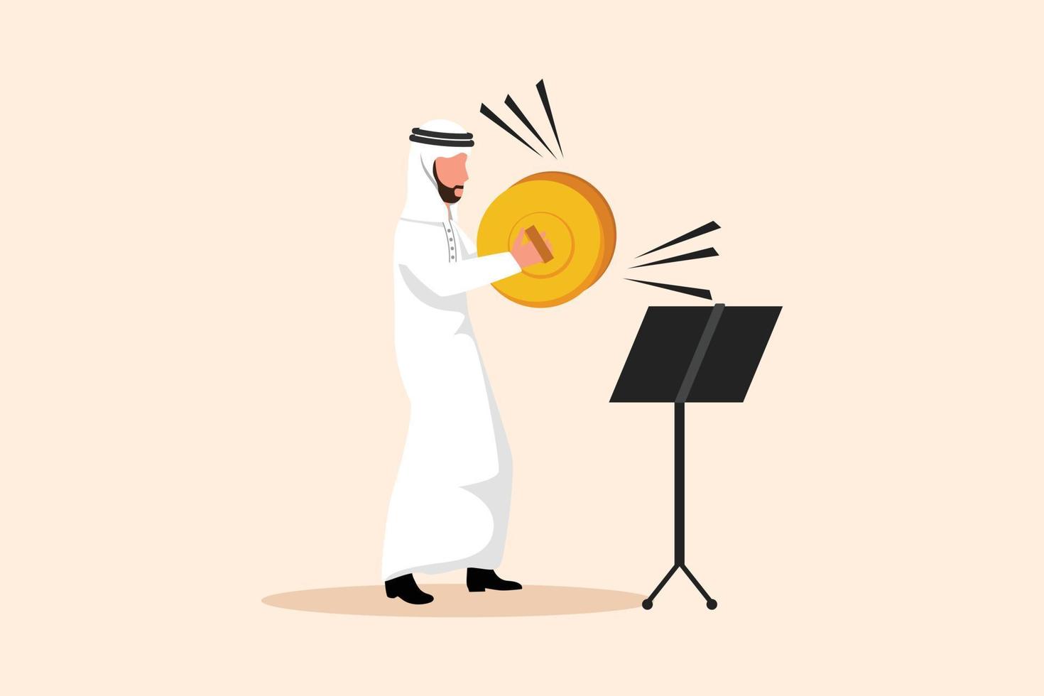 bedrijf vlak tekening Arabisch mannetje musicus Toneelstukken bekkens. Mens performer spelen klassiek muziek- met percussie musical instrument. persoon uitvoeren Aan fase. tekenfilm karakter ontwerp vector illustratie