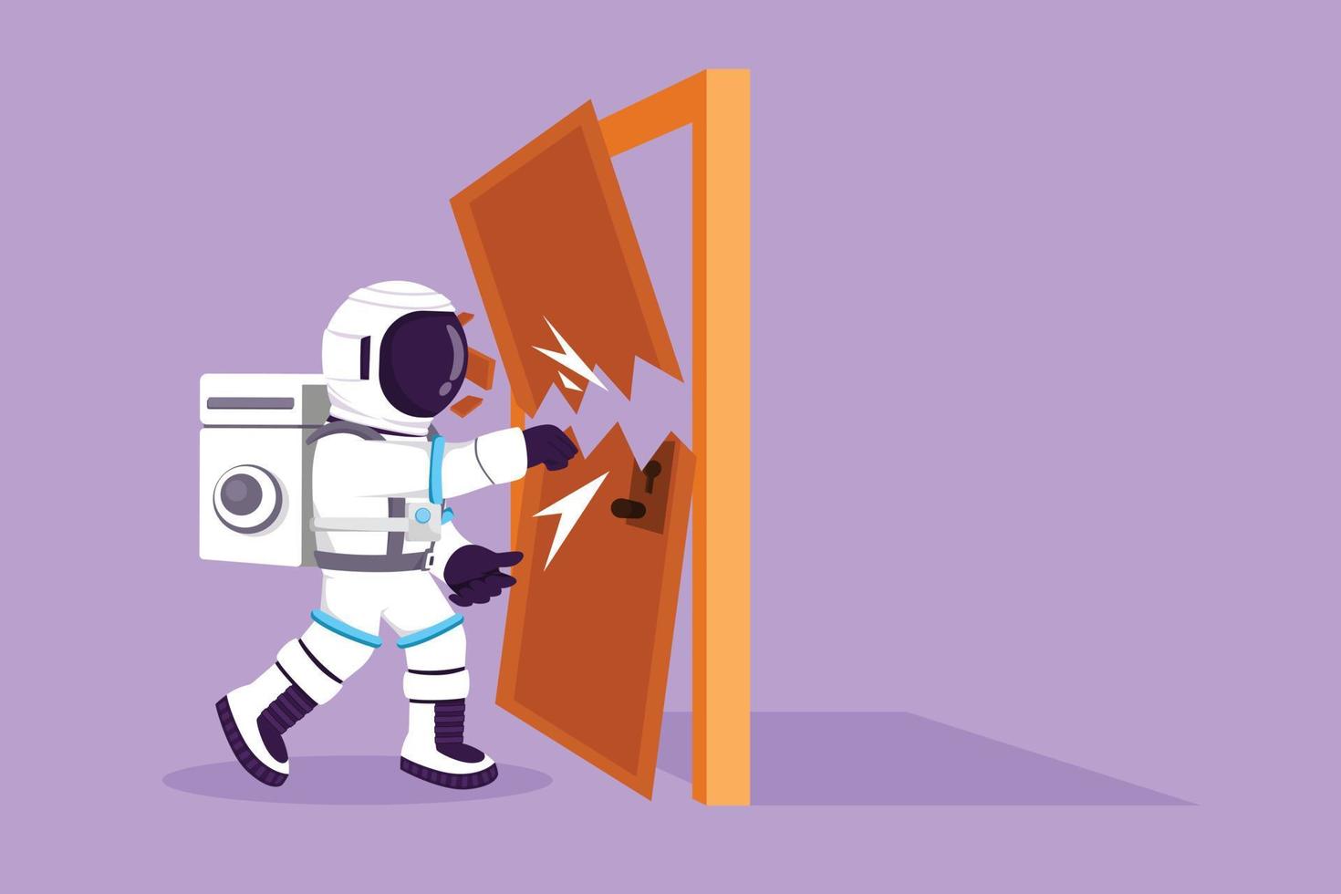 grafisch vlak ontwerp tekening jong astronaut ponsen en vernietigen deur in maan oppervlak. beeldt af elimineren barrière van inzendingen deur. kosmonaut diep ruimte concept. tekenfilm stijl vector illustratie
